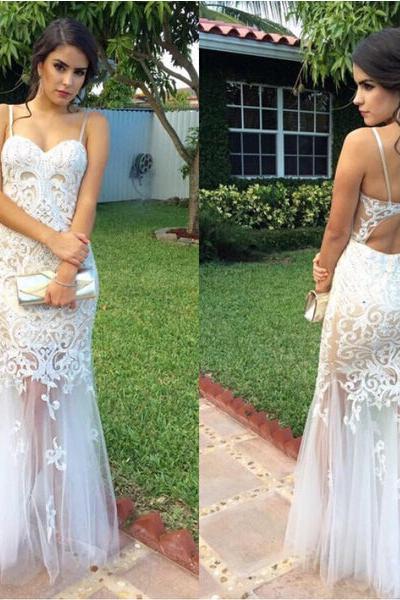 Sexy Spaghetti Strap Tulle Long Specail Occasion Dresses White Tulle Lace Long Evening Dress