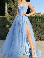 Sexy Spaghetti Straps Blue Lace Homecoming Dress Split