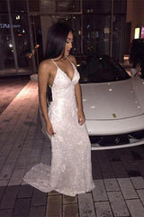 Sexy Spaghetti Straps Foemal Evening Dress Backless V-Neck Prom Dress BA4540