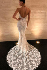 Sexy Spaghetti-Straps Lace Appliques Wedding Dress Mermaid Bridal Gowns