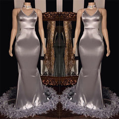 Sexy Spaghetti Straps Mermaid Prom Dresses | Open Back Simple Evening Dress with Fur