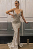 Sexy Spaghetti-Straps Mermaid Sequins Evening Gown |  Sleeveless Front Split Prom Dresses BC1552