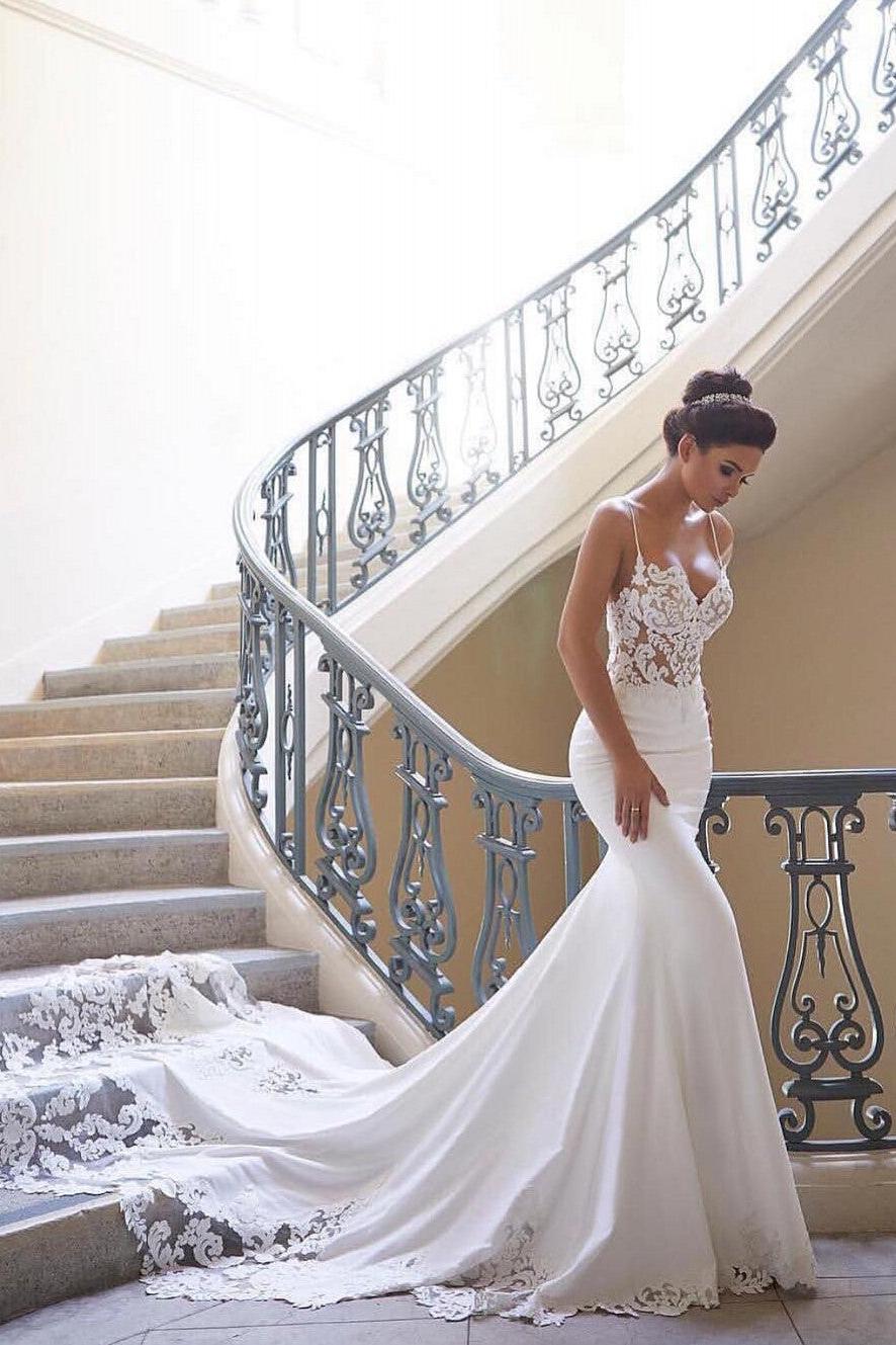 Sexy Spaghetti Straps Mermaid Wedding Dresses | Lace Bridesmaid Gowns Online