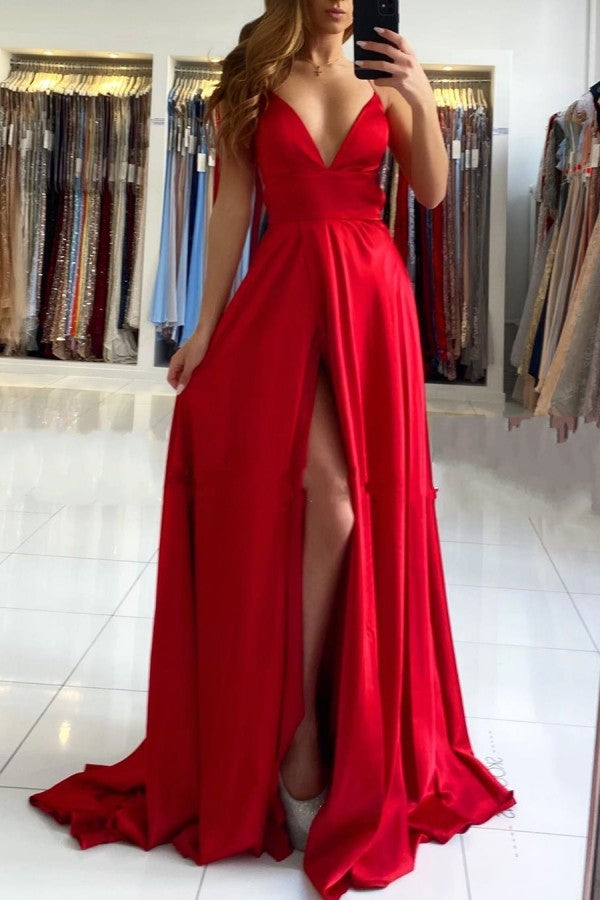 Sexy Spaghetti Straps Ruby Front-Split Ruffles Prom Dresses