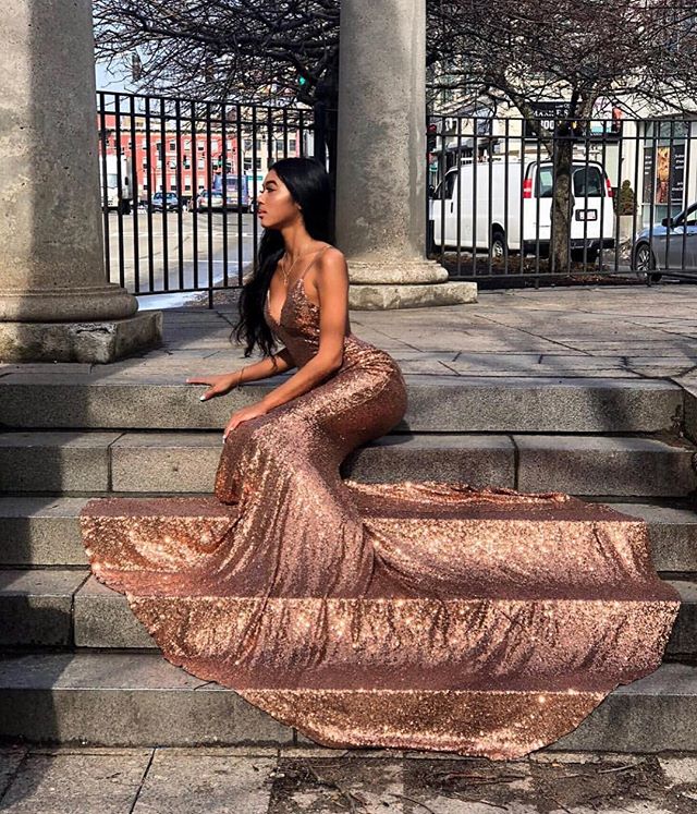 Sexy Spaghetti-Straps Sequins Mermaid Prom Dresses | Sleeveless V-Neck Prom Gown