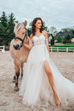 Sexy Spaghetti Straps Tulle Lace White Beach A-Line Wedding Dresses