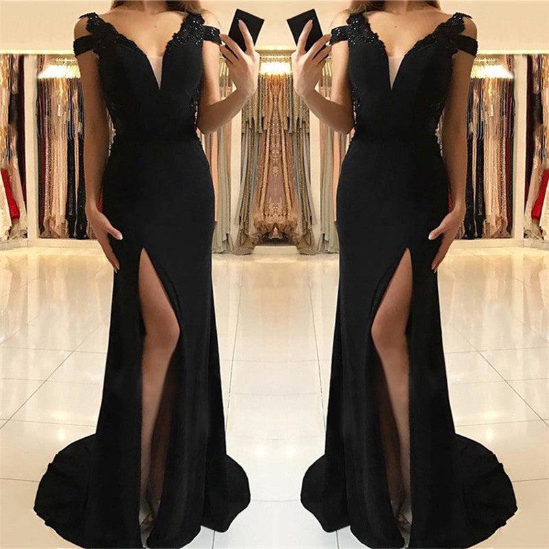 Sexy Split Black Formal Evening Dresses | V-neck Sheath Sexy Prom Dresses Online