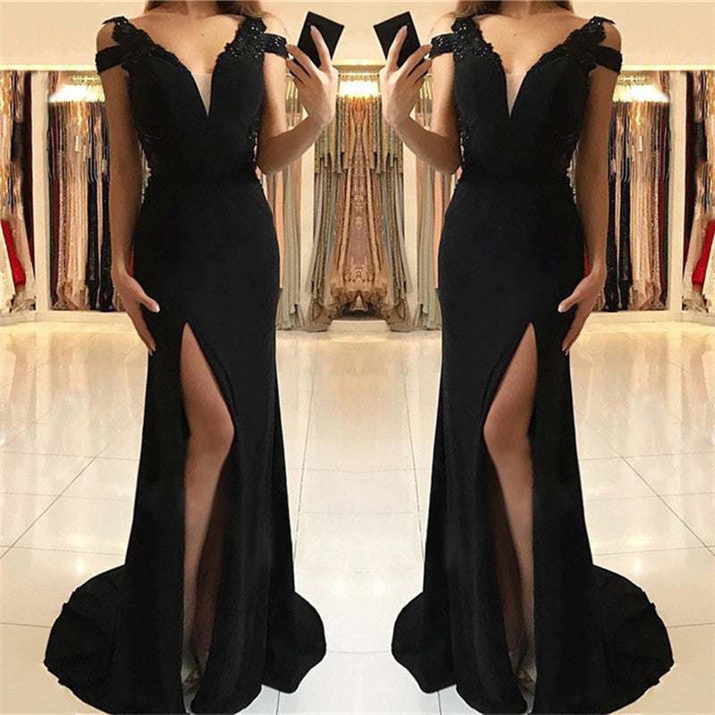 Sexy Split Black Formal Evening Dresses | V-neck Sheath Sexy Prom Dresses Online