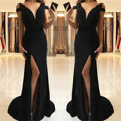 Sexy Split Black Formal Evening Dresses | V-neck Sheath Sexy Prom Dresses Online