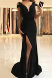 Sexy Split Black Formal Evening Dresses | V-neck Sheath Sexy Prom Dresses Online