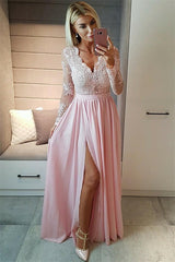 Sexy Split Long Sleeve Evening Dress Black Lace V-neck Prom Dresses FB0191