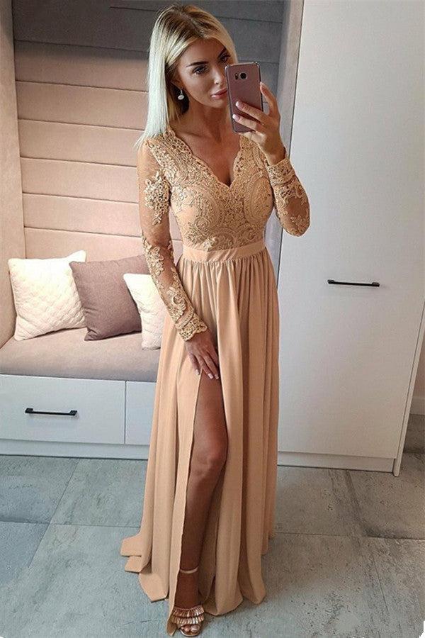 Sexy Split Long Sleeve Evening Dress Black Lace V-neck Prom Dresses FB0191