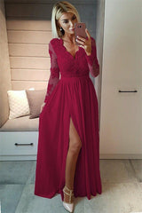 Sexy Split Long Sleeve Evening Dress Black Lace V-neck Prom Dresses FB0191