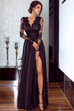 Sexy Split Long Sleeve Evening Dress Black Lace V-neck Prom Dresses FB0191