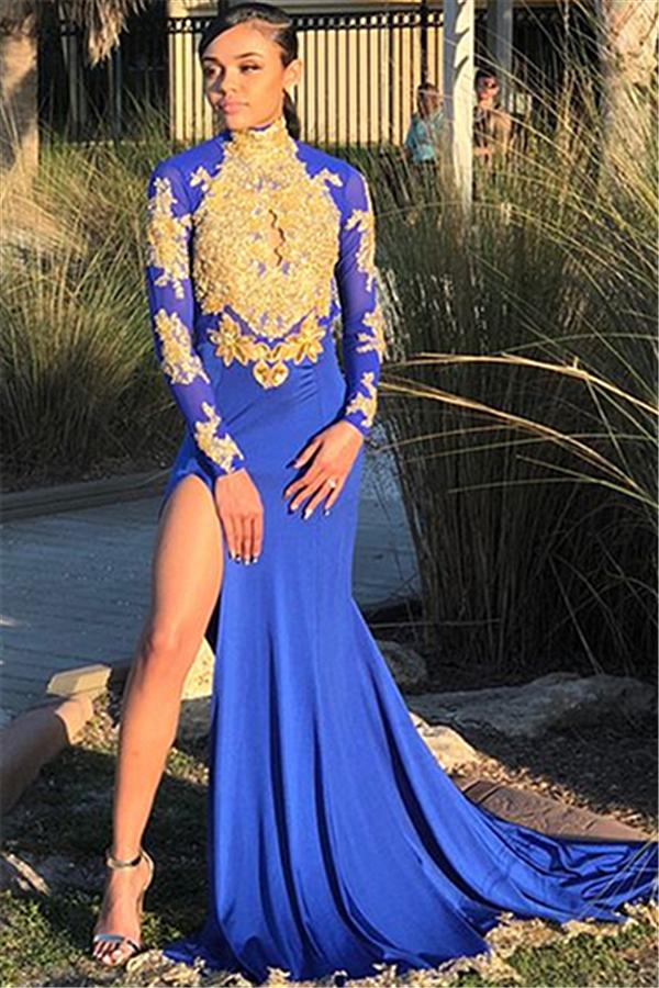 Sexy Split Open Back Gold Lace Prom Dress Long Sleeves Evening Dress