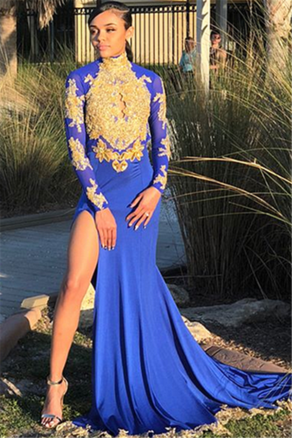 Sexy Split Open Back Gold Lace Prom Dress Long Sleeves Evening Dress