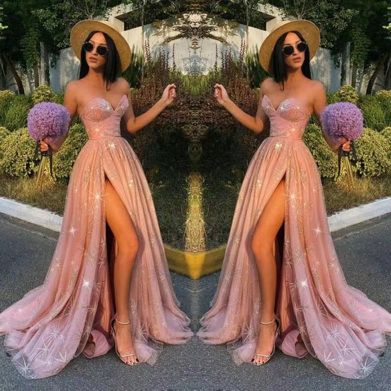Sexy Split Pink Sequins Prom Dress Strapless