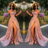 Sexy Split Pink Sequins Prom Dress Strapless