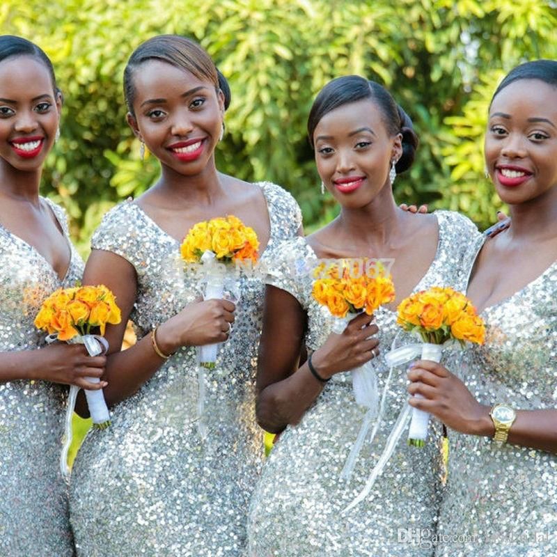 Sexy Split Silver Sequins Bridesmaid Dresses Cap Sleeve Sheath Formal Dresses