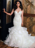 Sexy Strapless Mermaid Ruffle Wedding Dresses | Beads Lace Appliques Bridal Gowns