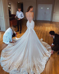 Sexy Strapless Mermaid Wedding Dresses | Puffy Appliques Bridal Gowns