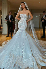 Sexy Strapless Mermaid Wedding Dresses | Puffy Appliques Bridal Gowns