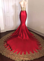 Sexy Strapless Red Prom Dress with Gold Lace | Mermaid Prom Dresses on Mannequins with Long Train
