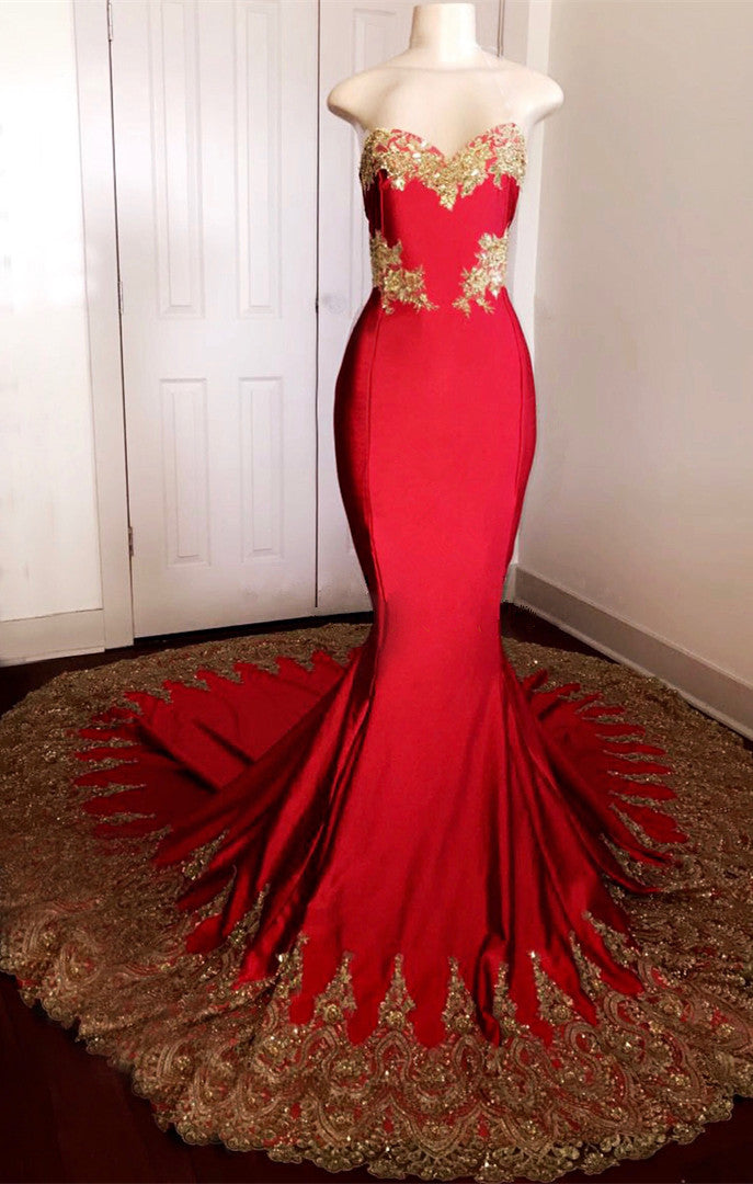 Sexy Strapless Red Prom Dress with Gold Lace | Mermaid Prom Dresses on Mannequins with Long Train