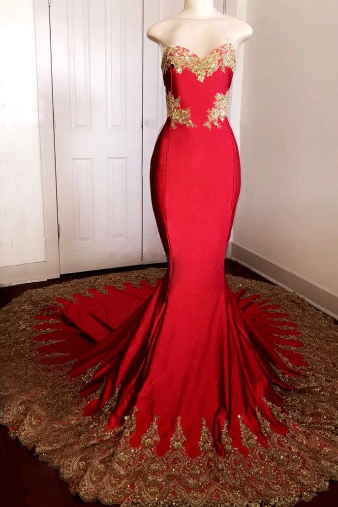 Sexy Strapless Red Prom Dress with Gold Lace | Mermaid Prom Dresses on Mannequins with Long Train
