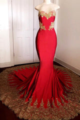 Sexy Strapless Red Prom Dress with Gold Lace | Mermaid Prom Dresses on Mannequins with Long Train