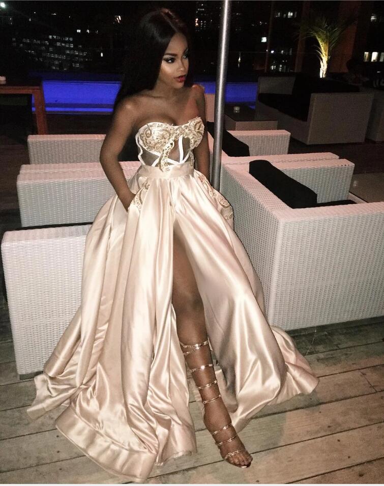 Sexy Strapless Satin Lace Slit Prom Dress On Sale