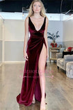 Sexy Straps Burgundy Mermaid Evening Gowns | V-Neck Side-Slit Velvet Prom Dresses bc1591