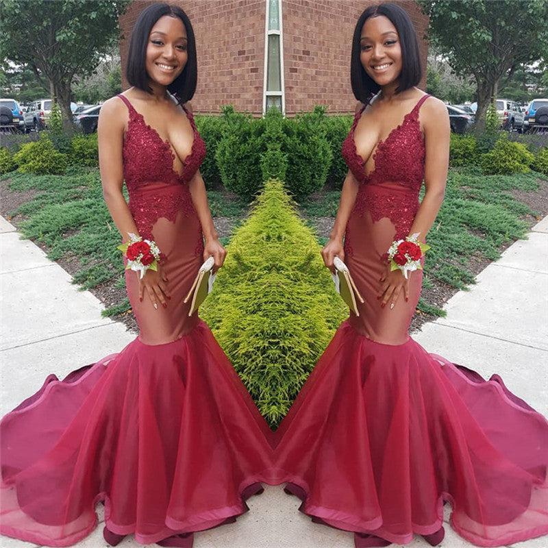 Sexy Straps Deep V-neck Burgundy Prom Dress | Mermaid Lace Appliques Evening Gowns