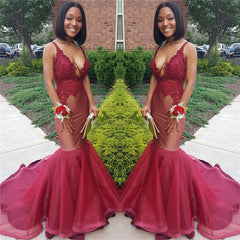 Sexy Straps Deep V-neck Burgundy Prom Dress | Mermaid Lace Appliques Evening Gowns