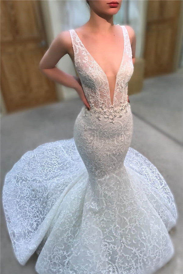 Sexy Straps V-neck Beads Lace Beach Wedding Dresses | Sleeveless Mermaid Court Train Bridal Gowns