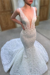 Sexy Straps V-neck Beads Lace Wedding Dresses | Sleeveless Mermaid Court Train Bridal Gowns