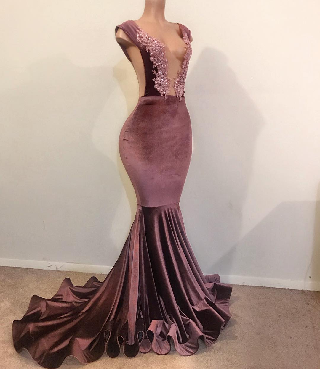 Sexy Straps Velvet Prom Dresses | Mermaid Open Front Appliques Evening Gowns BC1516