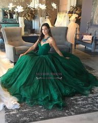 Sexy Sweetheart Ball-Gown Green Sleeveless Tulle Prom Dresses