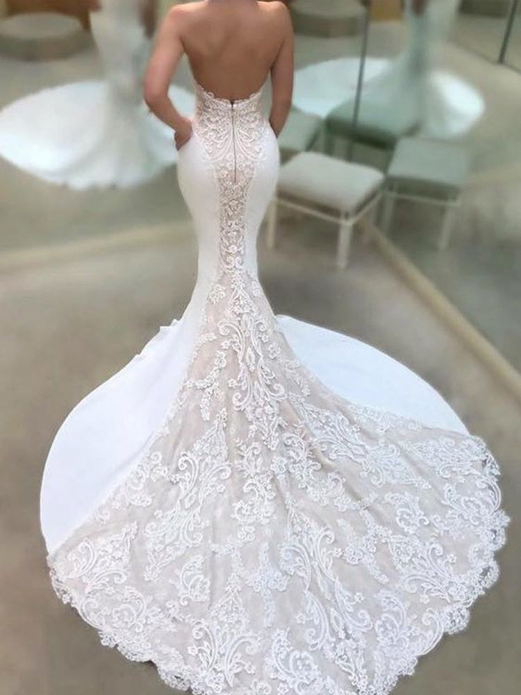 Sexy Sweetheart Lace Mermaid Beach Wedding Dresses | Elegant Open Back Bridal Gowns