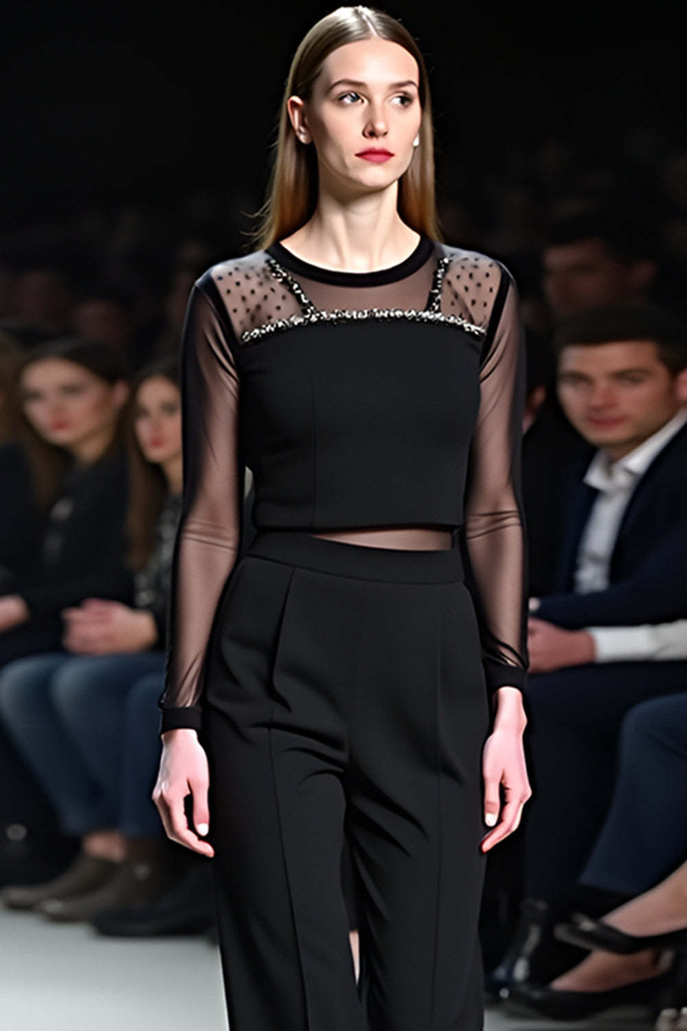 Sexy Tops Black Wedding Guest Dress Mesh FlaRed Wedding Guest Dress Pants Two-Piece Set