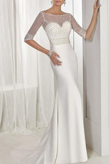 Sexy Two Piece A-Line Wedding Dresses Jewel Lace Tulle Half Sleeve Bridal Gowns See-Through Backless Sweep Train