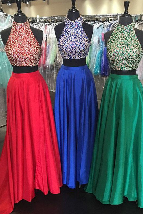 Sexy Two Piece Evening Gowns Halter Backless Prom Dress with Beads