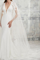 Sexy Two Piece Mermaid Wedding Dress V-neck Lace Satin Short Sleeve Simple Bridal Gowns with Court Train