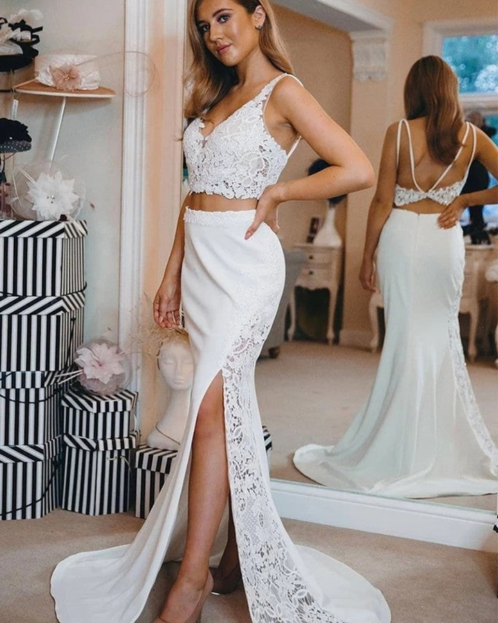 Sexy Two-pieces Spaghetti Straps Lace Wedding Dresses | Side Slit Bridal Gowns Online