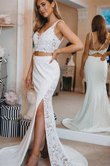 Sexy Two-pieces Spaghetti Straps Lace Wedding Dresses | Side Slit Bridal Gowns Online
