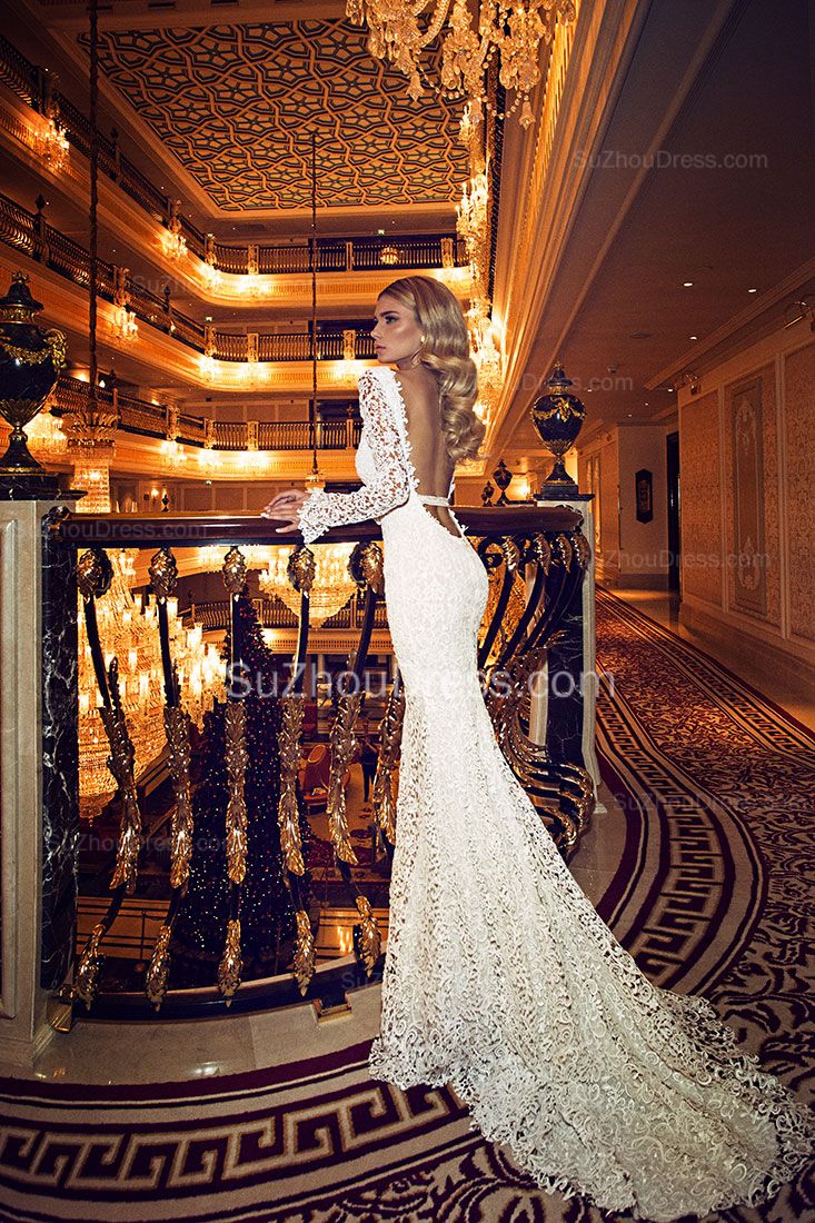 Sexy V-Neck Backless Lace Wedding Dresses Long Sleeve Mermaid Bridal Gowns with Bowknot
