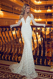 Sexy V-Neck Backless Lace Wedding Dresses Long Sleeve Mermaid Bridal Gowns with Bowknot