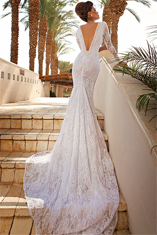 Sexy V-Neck Lace Bridal Dresses White Mermaid Long Sleeve Wedding Dresses
