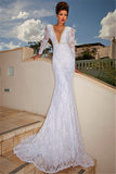 Sexy V-Neck Lace Bridal Dresses White Mermaid Long Sleeve Wedding Dresses