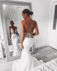 Sexy V-Neck Lace Mermaid Wedding Dress Spaghetti Strap Open Back Bridal Gown On Sale